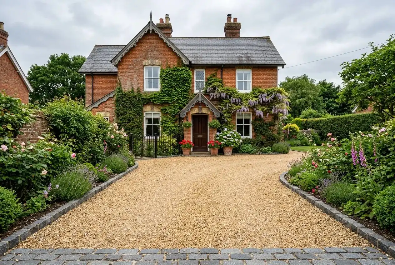 Gravel driveway with sett edging leading to a red-brick cottage