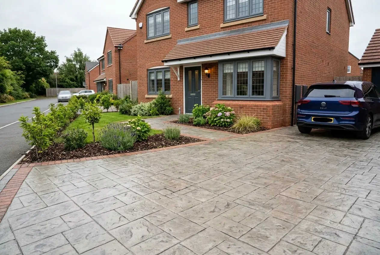 Grey slate-pattern imprinted concrete driveway in front of a brick house